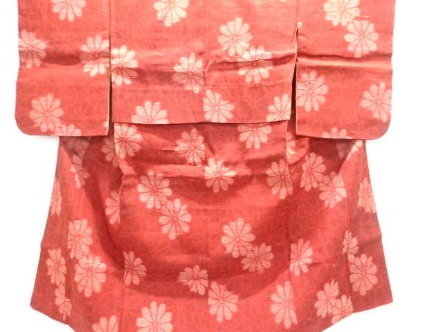 JAPANESE KIMONO / ANTIQUE CHRYSANTHEMUM PATTERN WOVEN TSUMUGI KIMONO